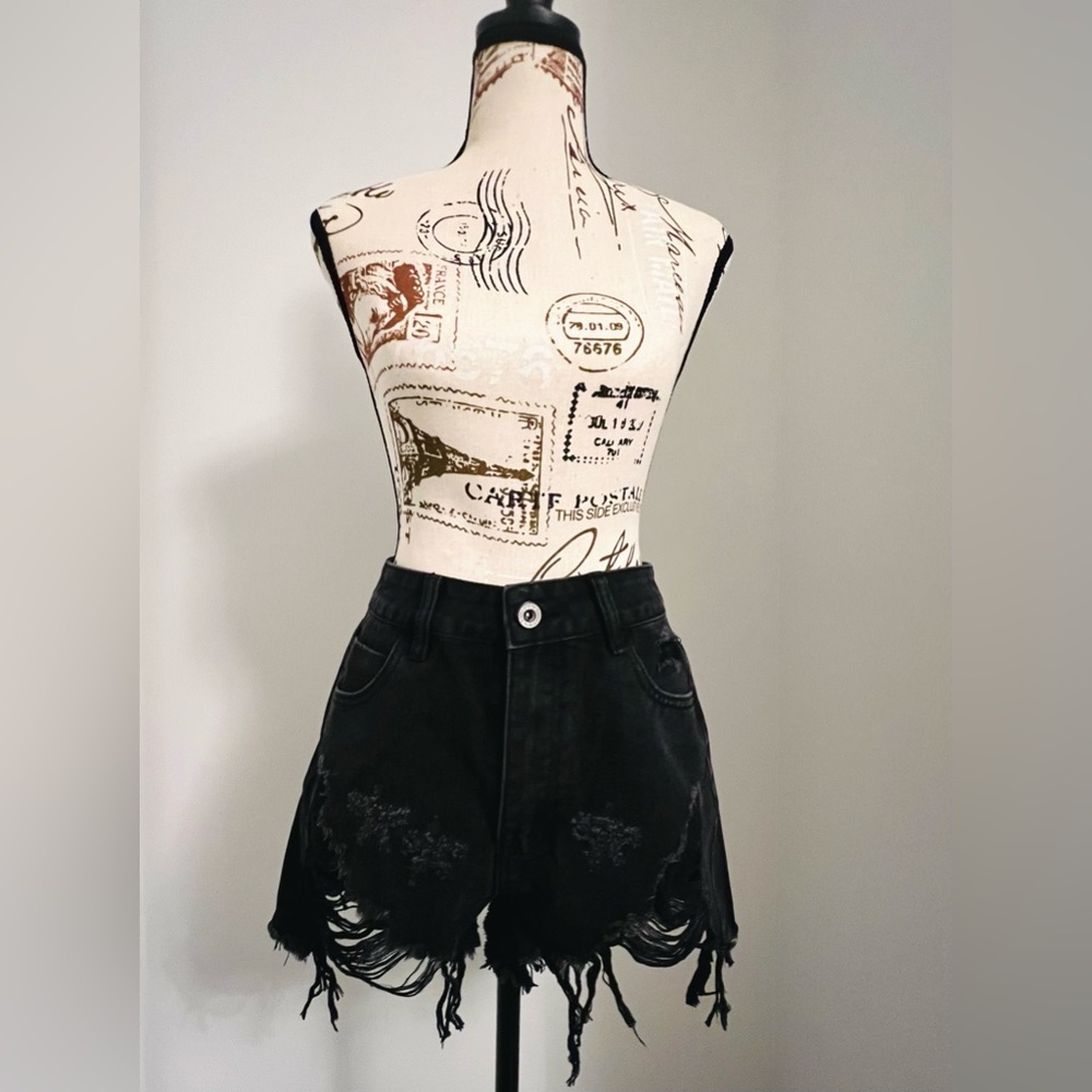 Black Distressed High Waist Shorts 26